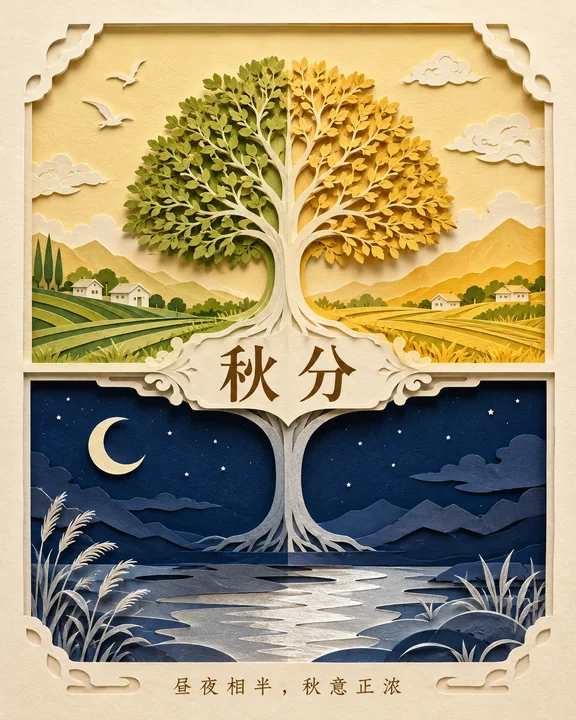 匠心纸雕秋分昼夜平衡艺术海报