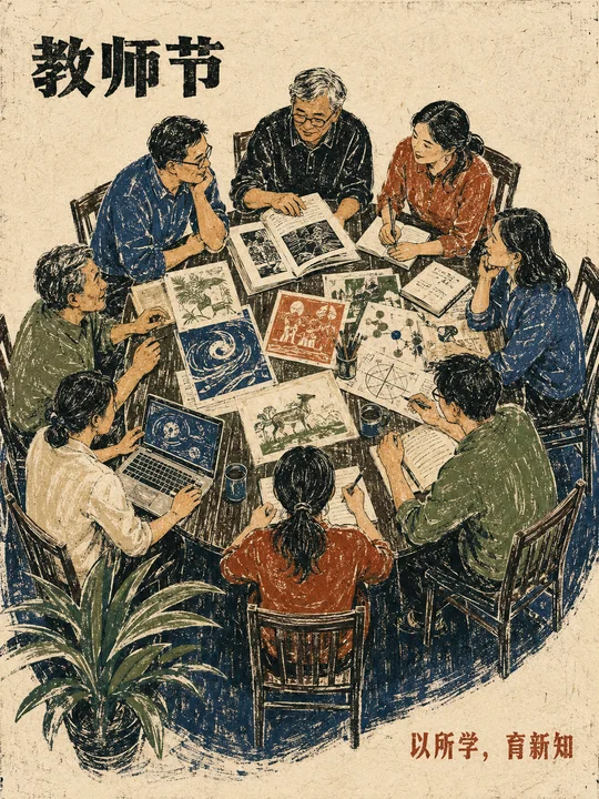 木版套色教师节海报:研讨课业的专业群体