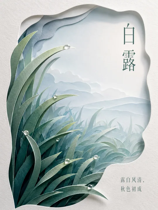 八层青绿渐变纸雕白露节气海报