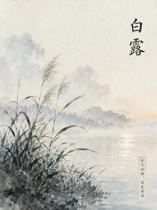 晨光微露:白露时节水墨芦草艺术海报