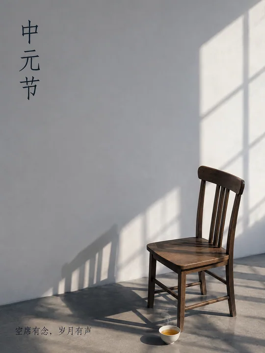 中元追思空椅与斜阳余晖海报