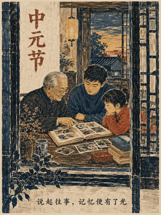 墨香与夕光:中元节家族记忆传承木版画