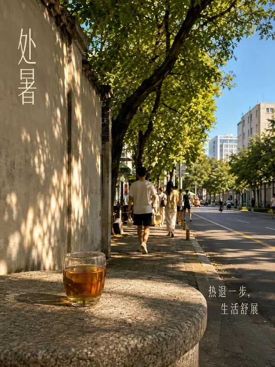 处暑午后街头树荫下的清茶时光