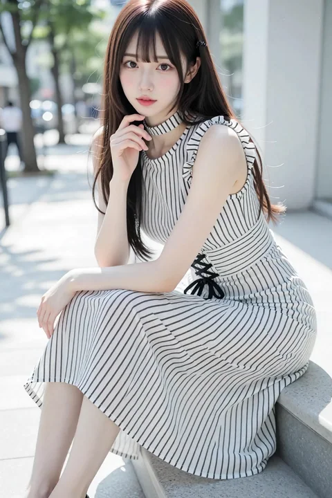 简约黑白条纹无袖束腰中长裙