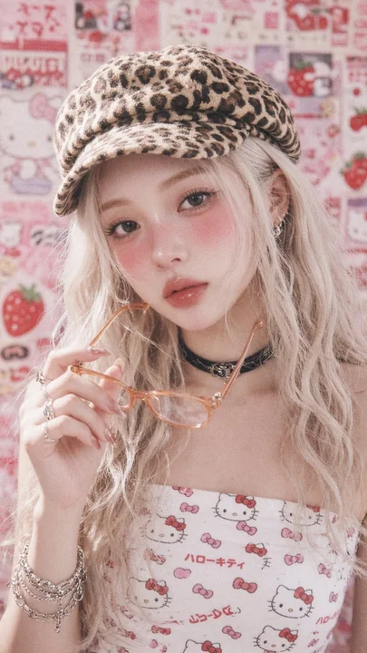 东亚金发少女豹纹帽胶片感画报
