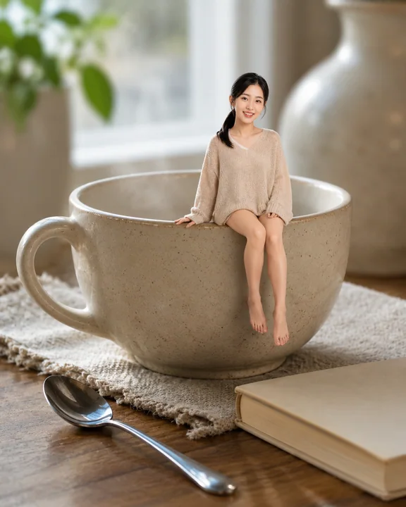 微缩世界:坐在巨型咖啡杯沿上的精致迷你人