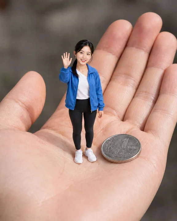 手掌上的微缩奇迹：五厘米蓝色夹克小人宏观摄影