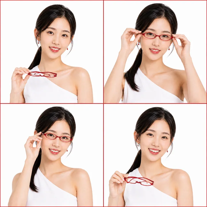 红色镜框时尚四格：优雅女性的动感瞬间