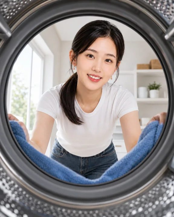洗衣机滚筒视角下的清新居家生活人像