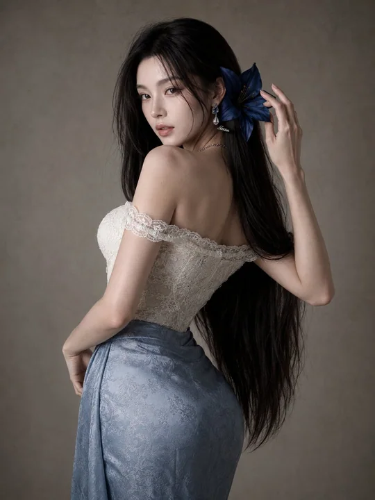极简灰墙东亚女性蓝花时装人像