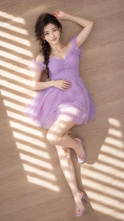俯瞰视角百叶窗光影下的仰躺少女