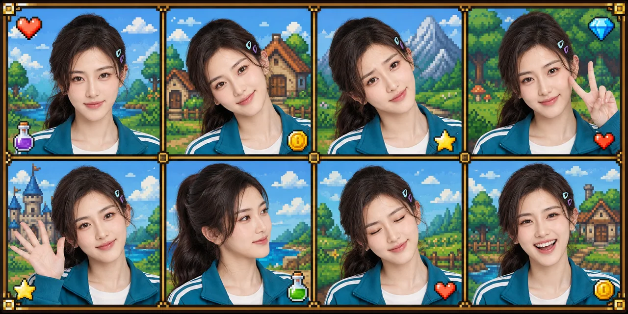 像素游戏风格八格写实少女大头贴