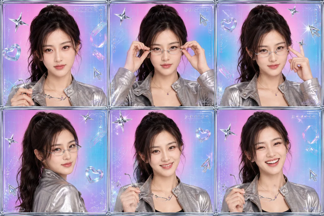 Y2K镀铬六格胶卷:眼镜少女的动感瞬间