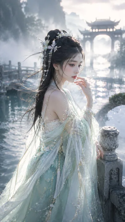 清晨寒潭石桥古风仙侠女子写真海报