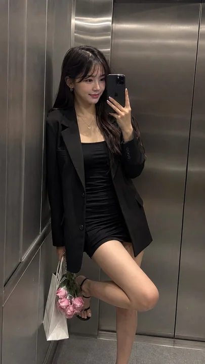 现代电梯拉丝金属女性全身镜面自拍
