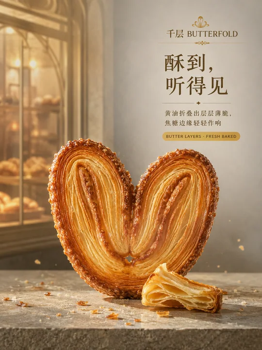 酥到听得见：高端法式千层蝴蝶酥品牌海报