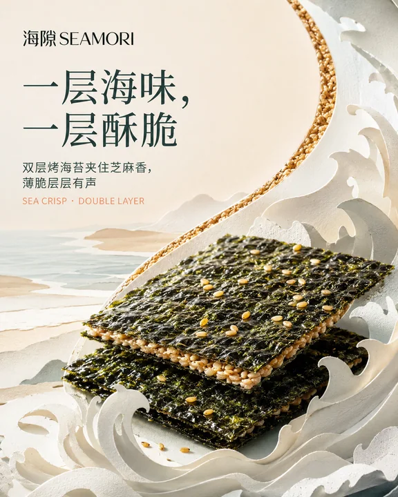 海隙品牌海苔脆清鲜纸雕风社媒封面