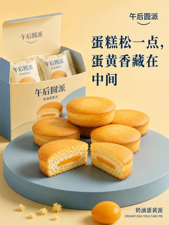午后圆派：三层夹心蛋黄派商业微距海报