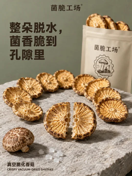 菌脆工场：真空脆化香菇微距细节海报