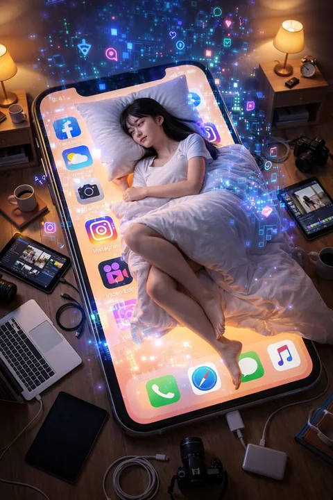فتياة ترقد مع هاتفها المحمول وأوهامه