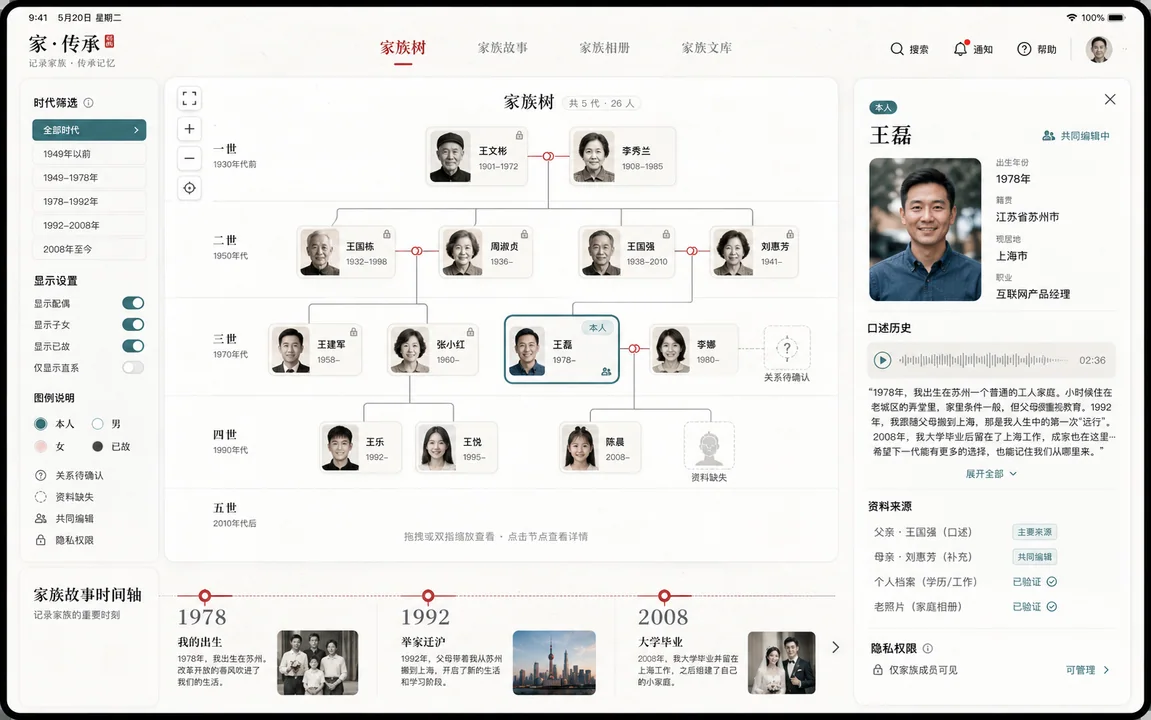 东方留白美学数字家谱平板应用界面设计