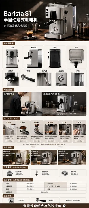 Barista S1 专业咖啡机移动端详情页全景展示