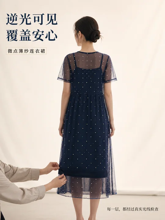 逆光下的匠心:夏日深蓝薄纱裙质检海报