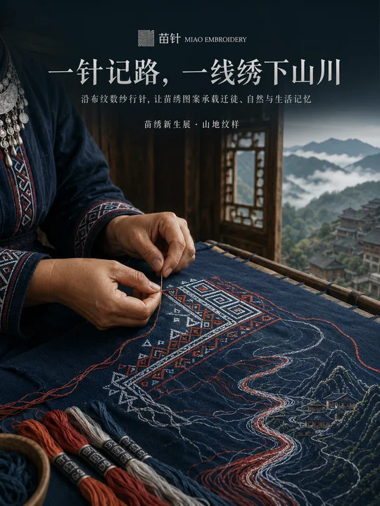 Visuel clé de la marque de broderie Miao, patrimoine culturel immatériel : récit des montagnes et des rivières sur les pointes des doigts.