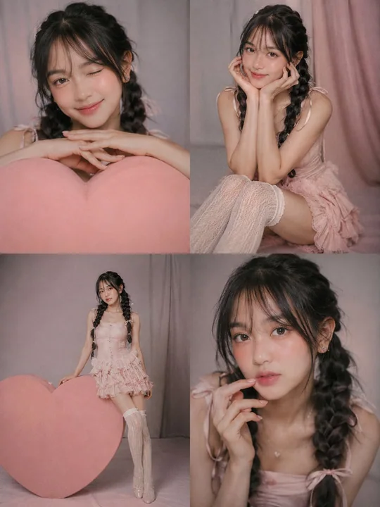 少女感粉色爱心四宫格人像摄影
