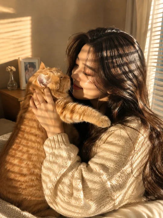 暖阳下与橘猫亲密互动的毛衣女性人像
