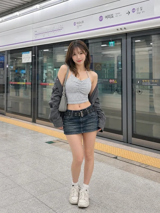 地铁站韩国年轻女性时尚穿搭全身照