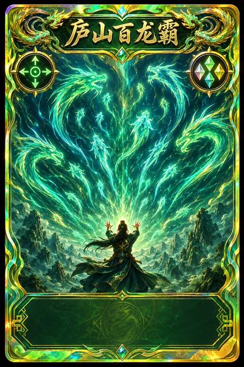 Lushan : Hégémonie des Cent Dragons : conception d'une carte de compétence à effets spéciaux holographiques vert émeraude et or