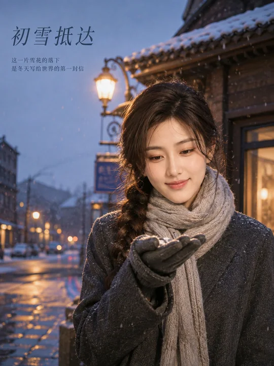 冬日街角捕捉初雪的唯美电影感海报