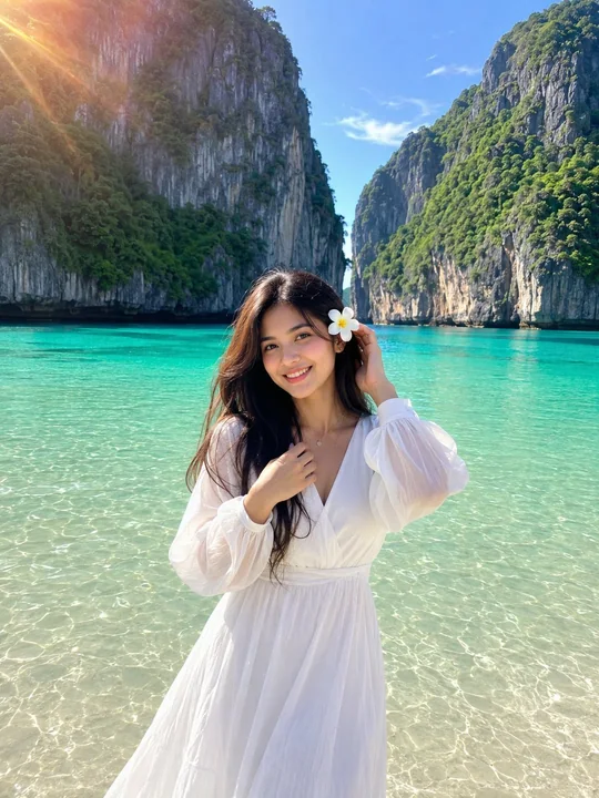 海滩度假风白色连衣裙年轻女子