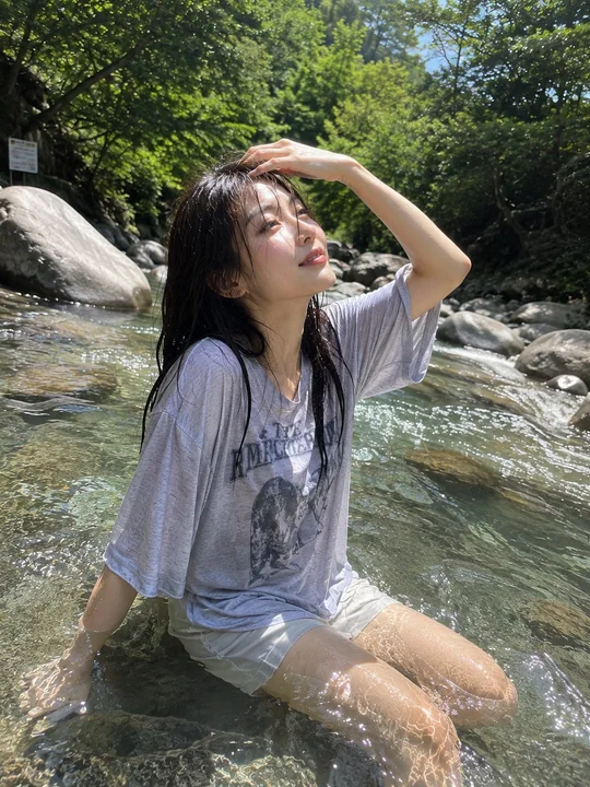 夏日清透溪流中的东亚女性写实人像