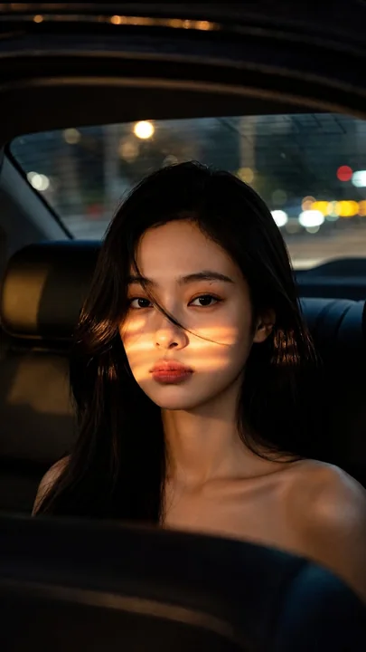 夜间车内东亚女性电影感写实人像