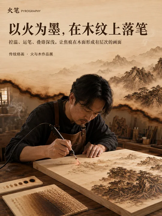 薪火传承之美：传统烙画技艺品牌视觉海报