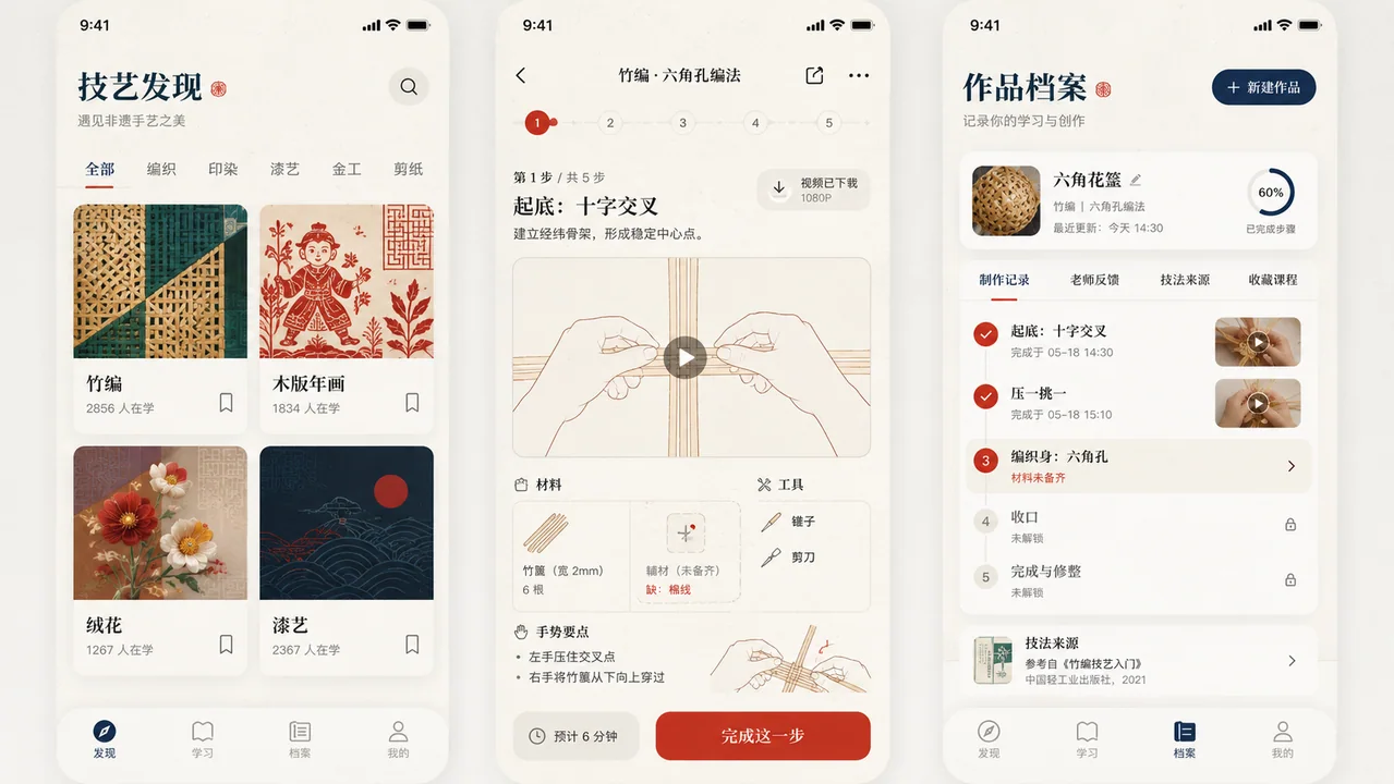 新中式非遗手工艺学习App高保真界面