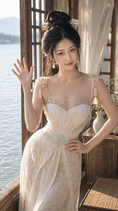 晨光映照西施归隐太湖木屋唯美人像