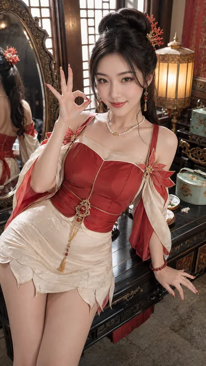 温侯府貂蝉朱红绸缎短裙自拍像