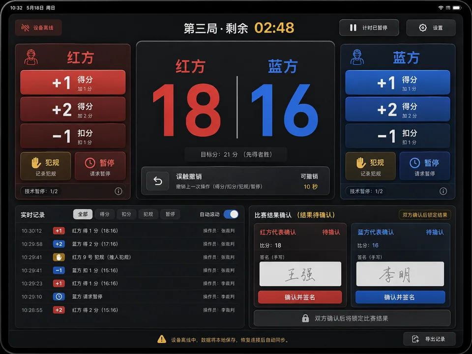 Interface tablette du système de score numérique pour compétitions sportives professionnelles