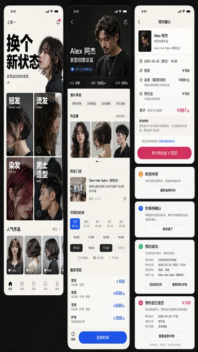 极简主义都市美发预约APP高保真三联页设计