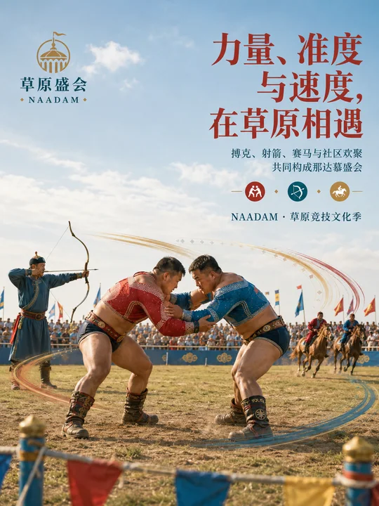草原盛会那达慕:力量与速度的商业视觉海报