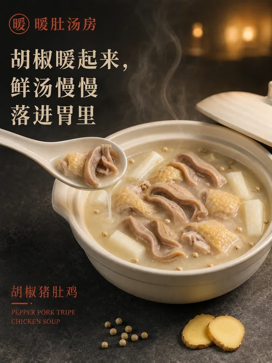 冬の夜、胃を温める：胡椒入り豚の胃と鶏肉の養生ポスターデザイン