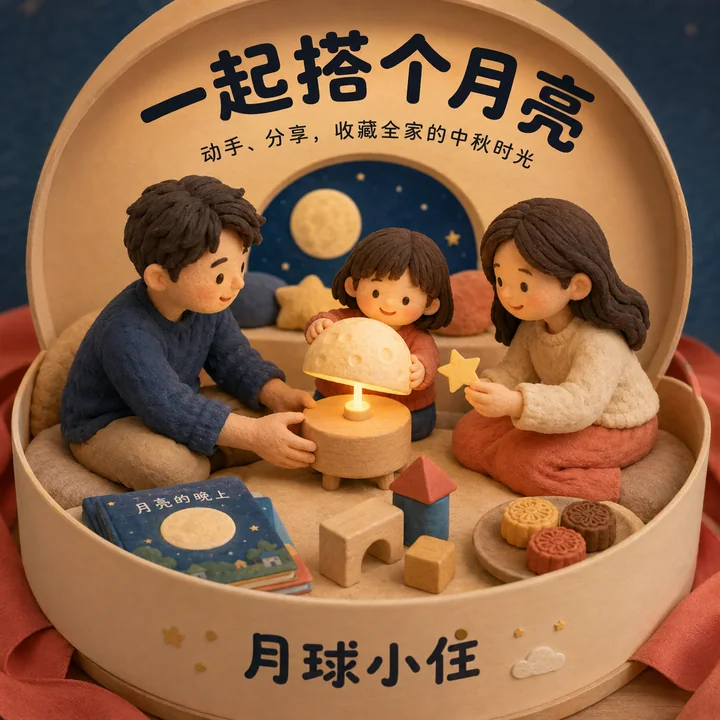Petit séjour sur la Lune : illustration commerciale en style pâte à modeler pour parents et enfants à la fête de la Mi-Automne