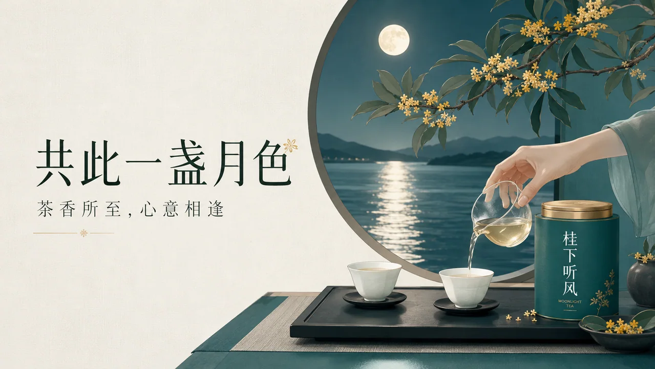 桂下听风：新工笔现代高端中秋茶礼插画