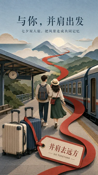 浪漫七夕并肩出发：纸雕风旅行品牌插画