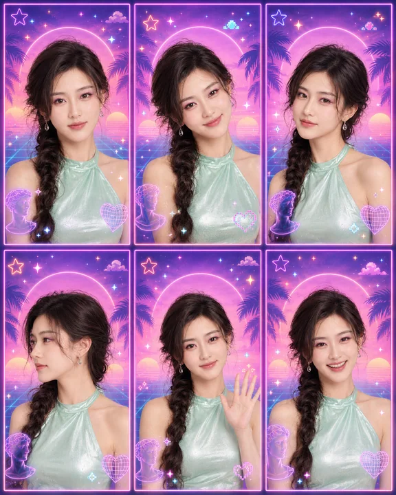 梦幻霓虹蒸汽波六格大头贴少女