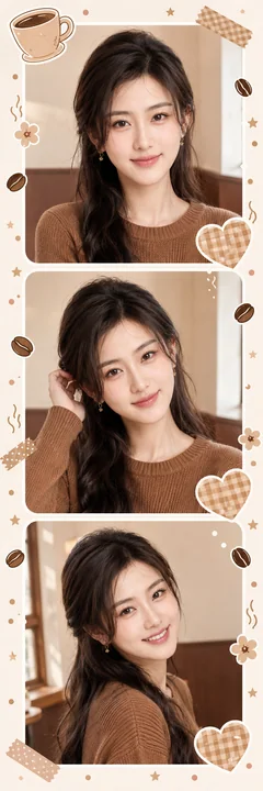 首尔咖啡馆风格三格大头贴燕麦色少女
