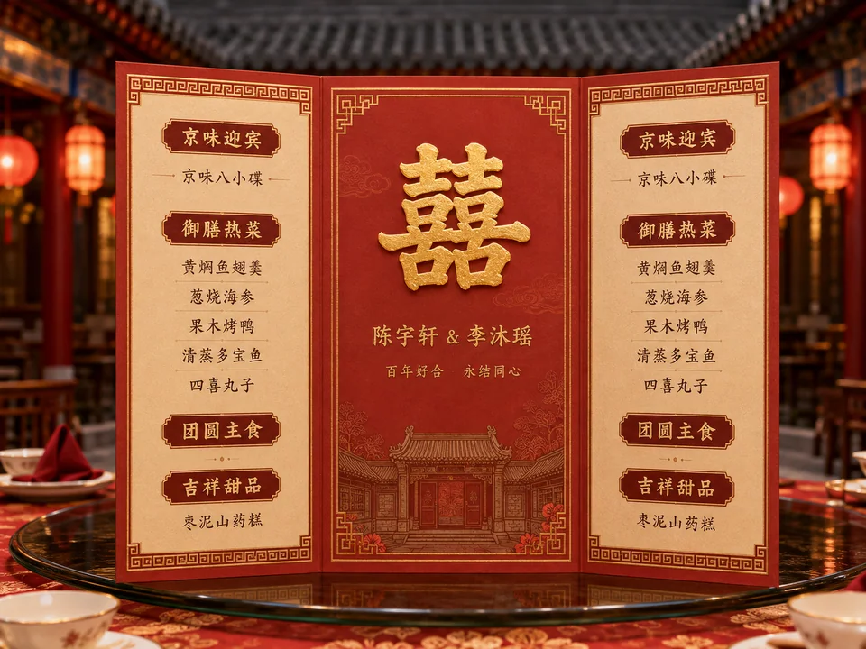 宫廷风北派四合院中式婚礼折屏菜单设计